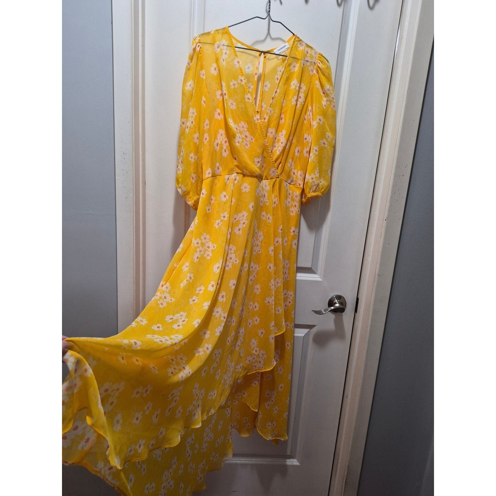 Calvin Klein Yellow Floral Daisy High Low Midi Dress Women 10 Faux Wrap Chiffon